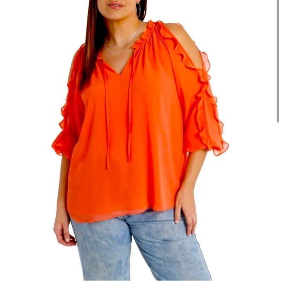 1.STATE Georgette Orange Ruffled Cold Shoulder Blouse size small NWT! - Picture 1 of 6